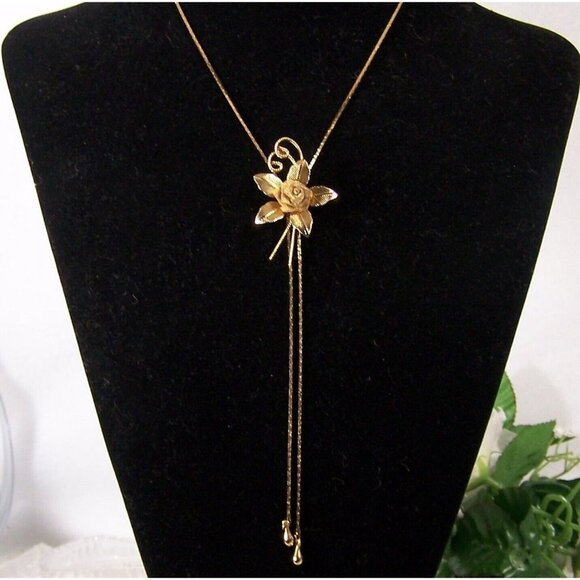 Mesh Rose Flower Slide Gold Tone Necklace 28" Vintage Fashion Jewelry - Picture 1 of 6